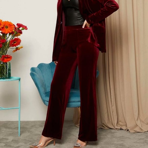 Velvet wide legged Pants Classy Contemporary Burgundy Maroon - Picture 4 of 7